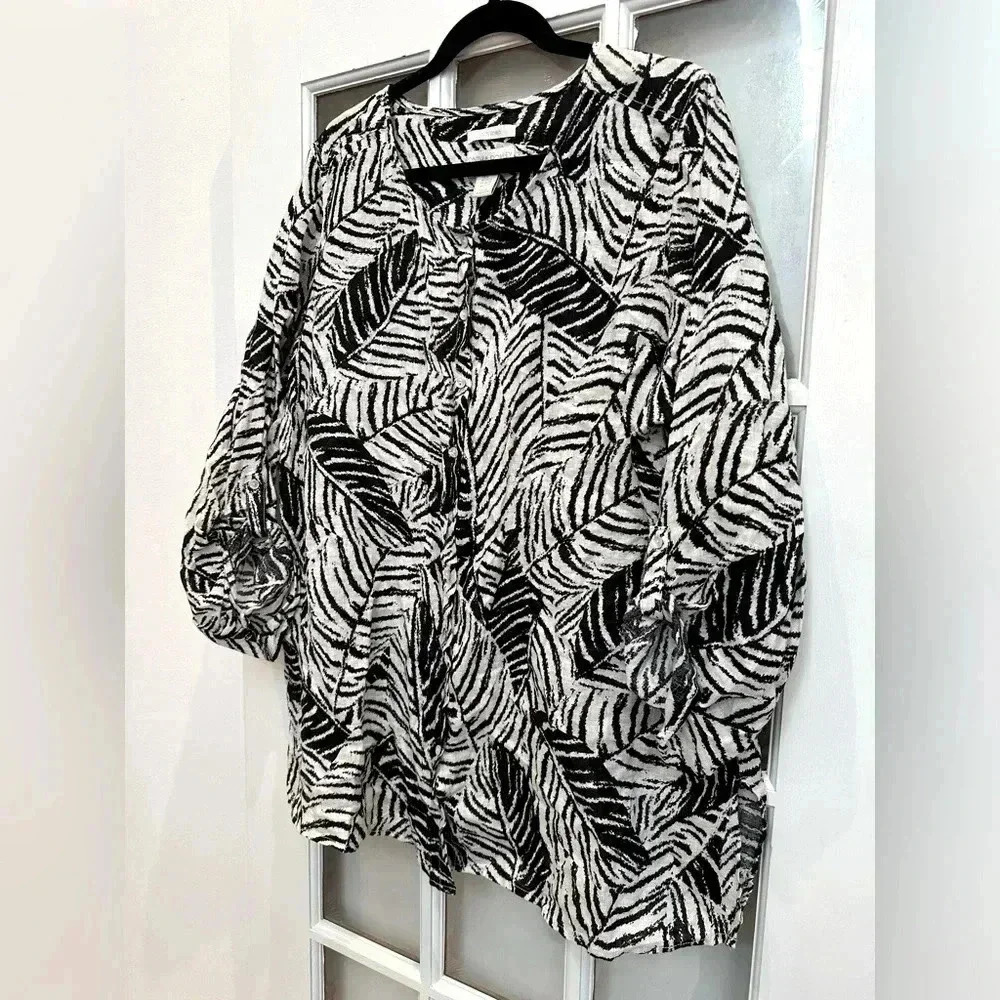 Cynthia Rowley Button Down 100% Linen Tunic Blouse Plus Size 2X Black & Cream - Picture 2 of 10